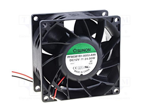 PF80381B1-000U-A99 Sunon High Airflow Series 80x38mm 12VDC 113.9CFM 24W 66.8dBA 11200RPM 2.23inch H2O 2Ball Bearing Auto Restart DC Fan