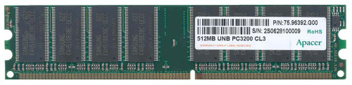 75.96392.G00 Apacer 512MB PC3200 DDR-400MHz non-ECC Unbuffered CL3 184-Pin DIMM Memory Module