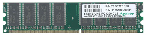76.91220.188 Apacer 512MB PC3200 DDR-400MHz non-ECC Unbuffered CL3 184-Pin DIMM Memory Module