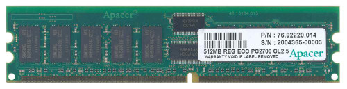 76.92220.014 Apacer 512MB PC2700 DDR-333MHz Registered ECC CL2.5 184-Pin DIMM 2.5V Memory Module