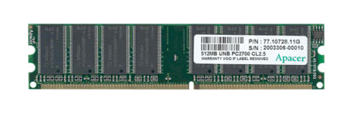 77.10728.11G Apacer 512MB PC2700 DDR-333MHz non-ECC Unbuffered CL2.5 184-Pin DIMM 2.5V Memory Module