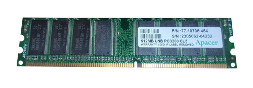 77.10736.464 Apacer 512MB PC3200 DDR-400MHz non-ECC Unbuffered CL3 184-Pin DIMM Memory Module