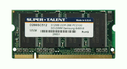 D266SC512 Super Talent 512MB PC2100 DDR-266MHz non-ECC Unbuffered CL2.5 200-Pin SoDimm Memory Module