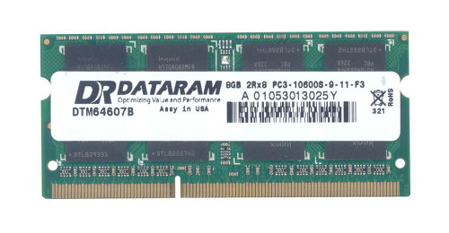 DTM64607B Dataram 8GB PC3-10600 DDR3-1333MHz non-ECC Unbuffered CL9 204-Pin SoDimm Dual Rank Memory Module