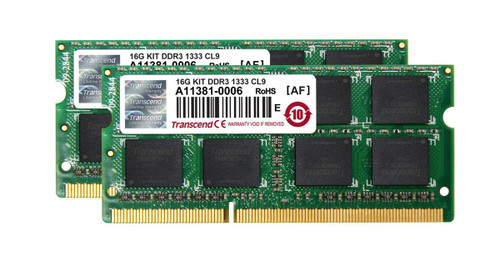 JM1333KSH-16GK Transcend JetRAM 16GB Kit (2 X 8GB) PC3-10600 DDR3-1333MHz non-ECC Unbuffered CL9 204-Pin SoDimm Dual Rank Memory