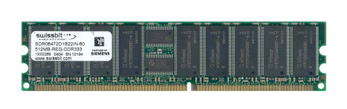 SDR06472D1B22IN-60 Swissbit 512MB PC2700 DDR-333MHz Registered ECC CL2.5 184-Pin DIMM 2.5V Memory Module