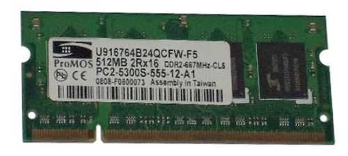 U916764B24QCFW-F5 ProMOS 512MB PC2-5300 DDR2-667MHz non-ECC Unbuffered CL5 200-Pin SoDimm Dual Rank Memory Module