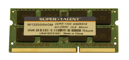 Super Talent 4GB PC3-10600 DDR3-1333MHz non-ECC Unbuffered CL9 204-Pin SoDimm Dual Rank Memory Module