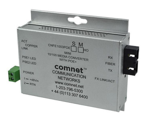 ComNet Industrially Hardened 100Mbps with 48V POE Mini A Unit Network RJ-45 1x PoE+ RJ-45 Ports 1x SC Ports Single-mode Fast Ethernet 10/100Base-TX