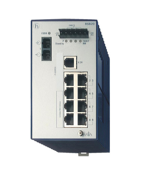 Hirschmann Mananaged Industrial Ethernet Rail Switch with 8 RJ45 Fast (100 Mbps) Copper Ports and 1 Fast (10/100) Fiber Multimode Ports with SC
