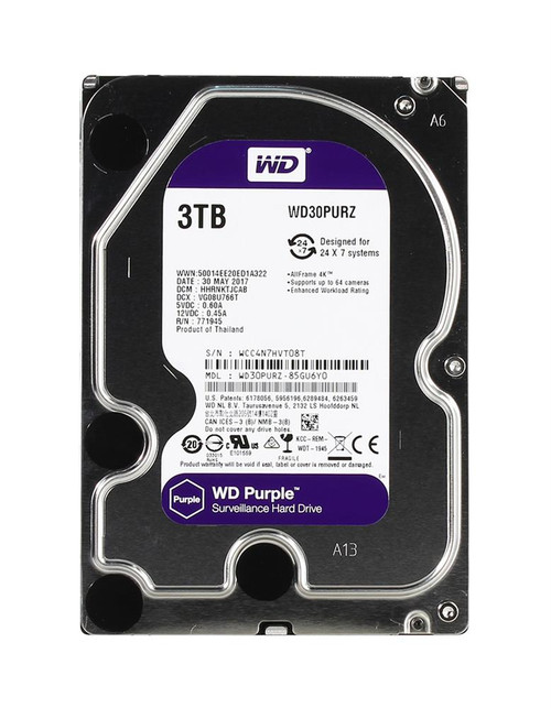 WD30PURZ-85GU6Y0 Western Digital Purple Surveillance 3TB 5400RPM SATA 6Gbps 64MB Cache 3.5-inch Internal Hard Drive