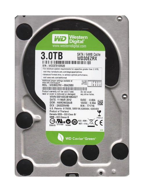 WD30EZRX-OOAZ6BO Western Digital Caviar Green 3TB 5400RPM SATA 6Gbps 64MB  Cache 3.5-inch Internal Hard Drive