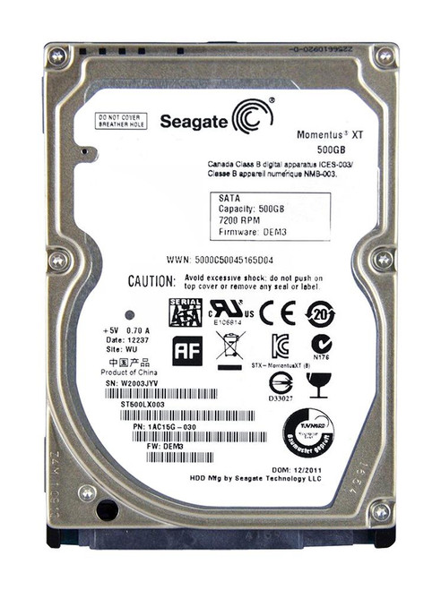 1AC15G-030 Seagate Momentus XT 500GB 7200RPM SATA 6Gbps 32MB Cache 4GB SLC SSD Embedded 2.5-inch Internal Hybrid Hard Drive