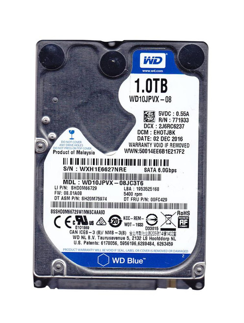 WD10JPVX-08JC3T6 Western Digital Blue 1TB 5400RPM SATA 6Gbps 8MB Cache 2.5-inch Internal Hard Drive