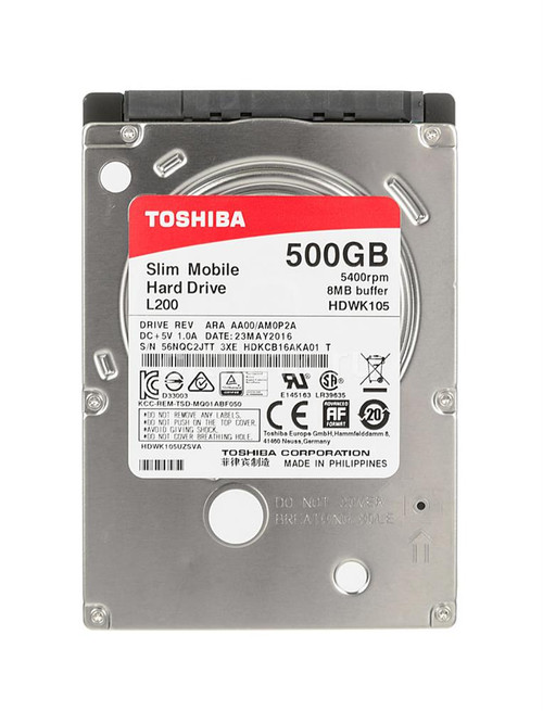 HDWK105UZSVA Toshiba L200 Slim 500GB 5400RPM SATA 6Gbps 8MB Cache (512e) 2.5-inch Internal Hard Drive