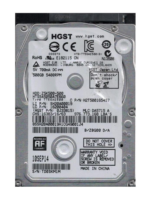 HTS545050A7E660 HGST Hitachi Travelstar Z5K500 500GB 5400RPM SATA 6Gbps 8MB Cache 2.5-inch Internal Hard Drive