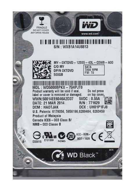 WD5000BPKX-75HPJT0 Western Digital Black 500GB 7200RPM SATA 6Gbps 16MB Cache 2.5-inch Internal Hard Drive