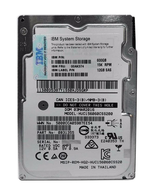 00AK374 IBM 600GB 15000RPM SAS 12Gbps 2.5-inch Internal Hard Drive with Tray