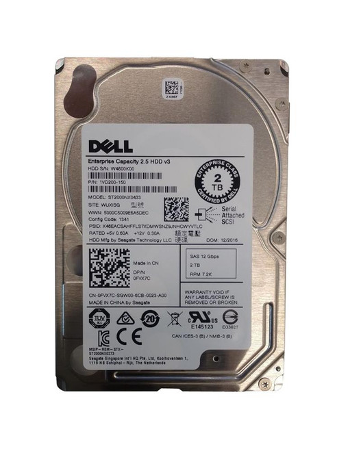 0FVX7C Dell 2TB 7200RPM SAS 12Gbps Hot Swap 128MB Cache 2.5-inch Internal Hard Drive with Tray