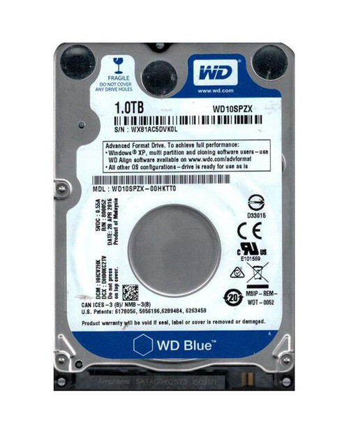 WD10SPZX-OOHKTTO Western Digital Blue 1TB 5400RPM SATA 6Gbps 128MB Cache 2.5-inch Internal Hard Drive