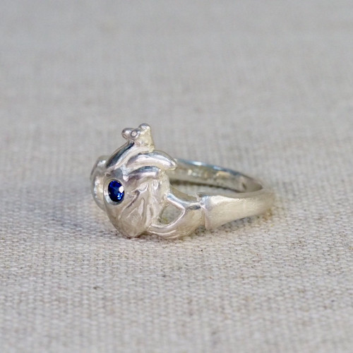 Blue Sapphire Anatomical Heart Claddagh Ring