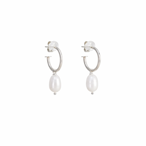 Silver Pearl Hoop Dangle Earrings