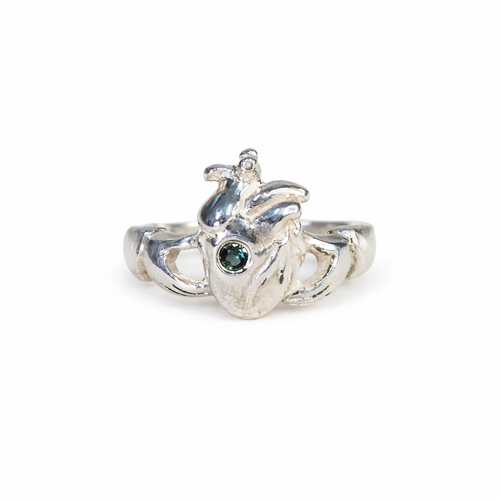Teal Sapphire Anatomical Heart Claddagh Ring