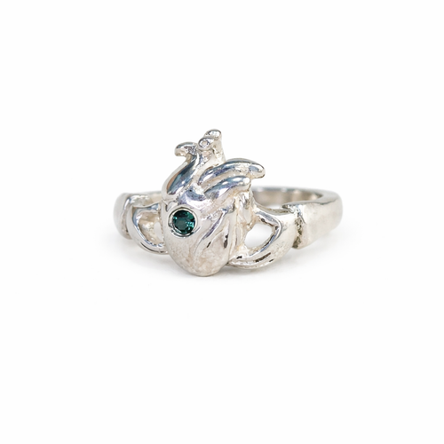 Teal Sapphire Anatomical Heart Claddagh Ring
