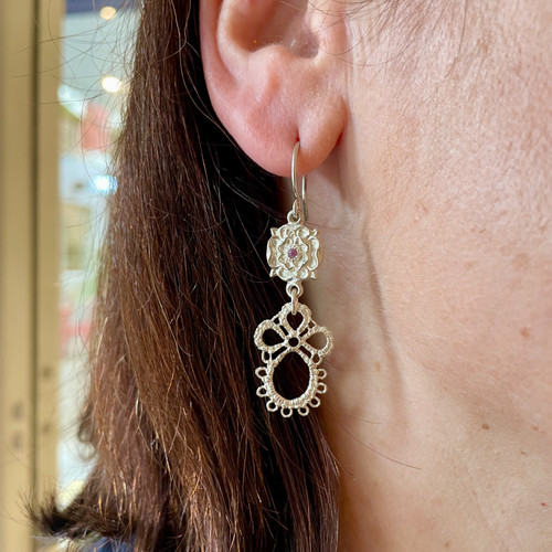 Sapphire Silver Lace Petal Earrings
