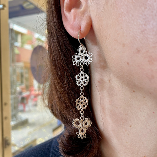 Long Silver Lace Flower Earrings