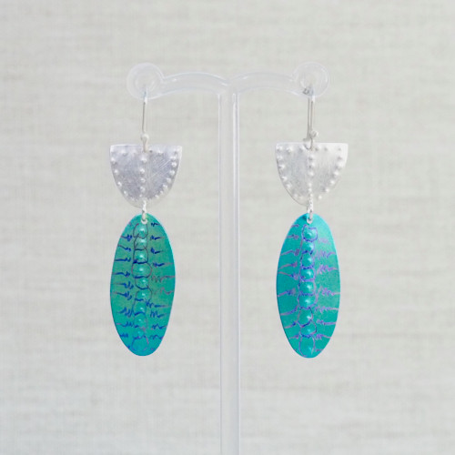 Silver & Green Engraved Titanium Earrings