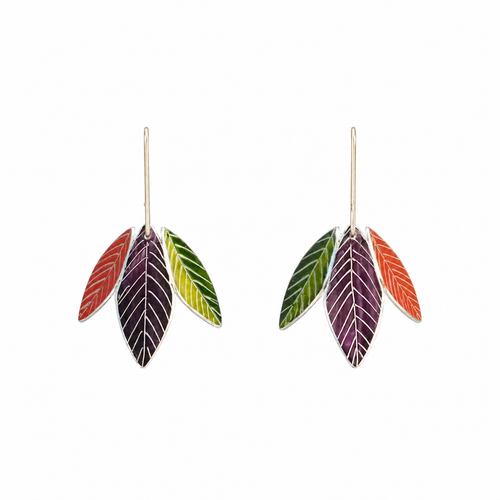 Crimson, Plum & Green Three Leaf Earrings