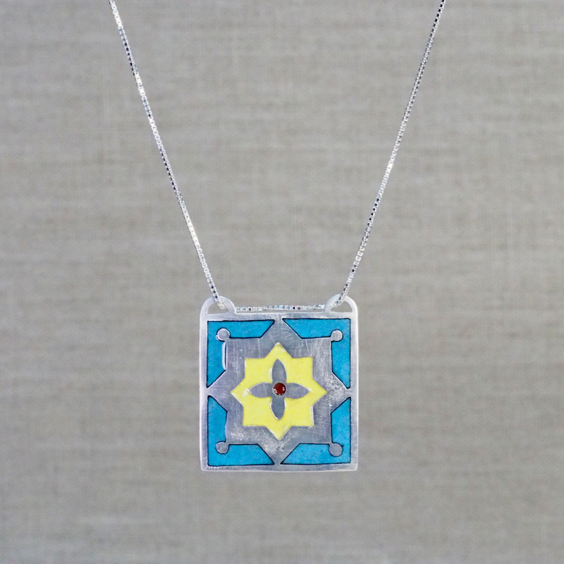 Silver, Blue & Yellow Square Tile Necklace