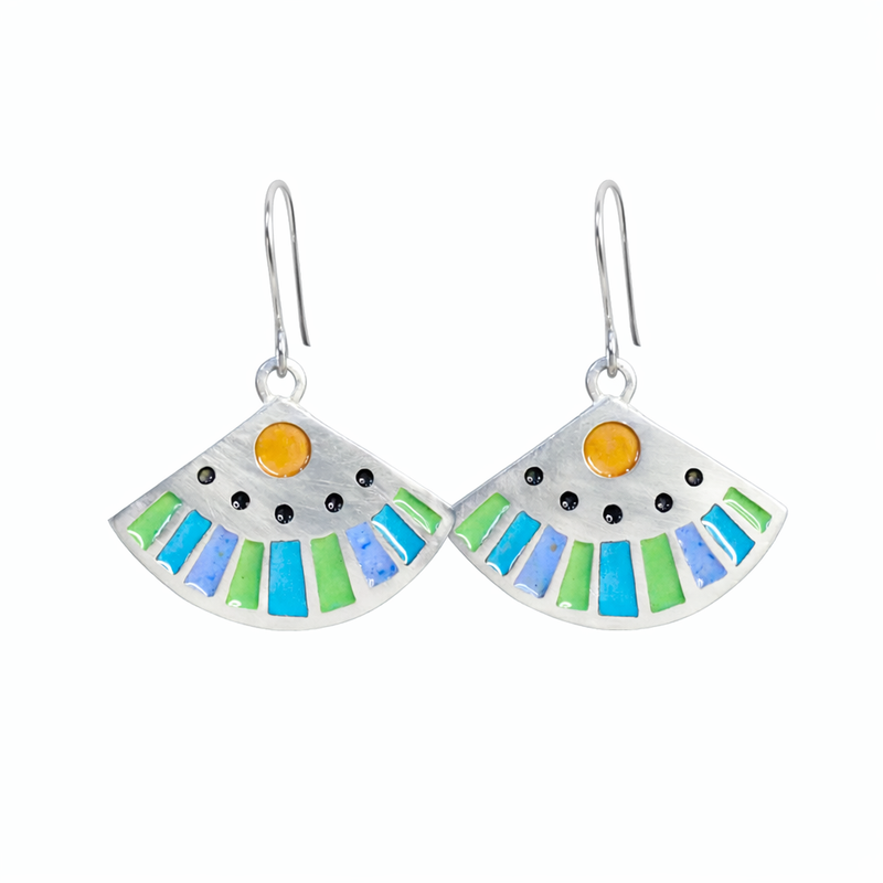 Silver, Blue & Green Fan Earrings