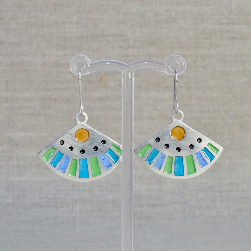 Silver, Blue & Green Fan Earrings