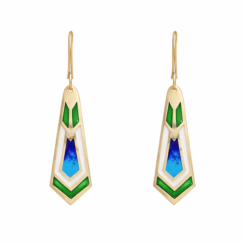 Gold, Green & White Art Deco Earrings