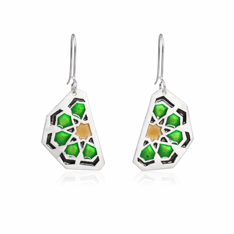 Silver, Green & Black Islamic Motif Earrings