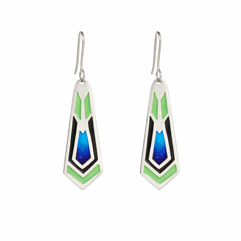 Silver, Blue & Green Art Deco Earrings