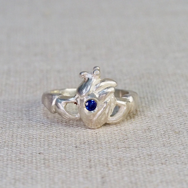 Blue Sapphire Anatomical Heart Claddagh Ring