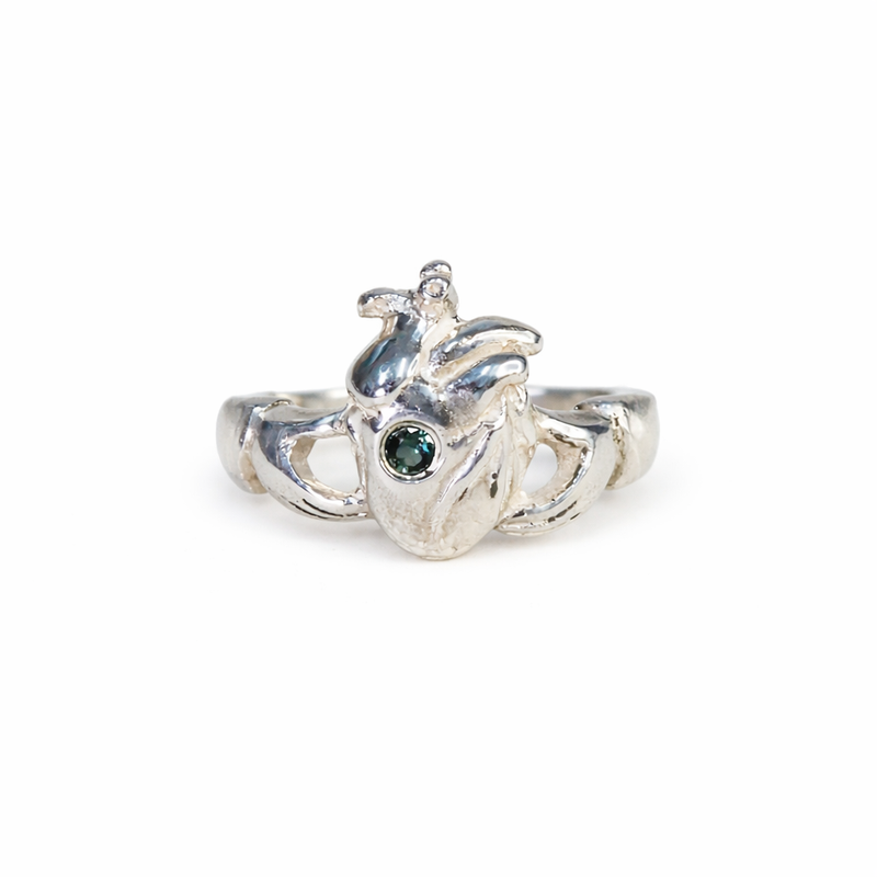 Teal Sapphire Anatomical Heart Claddagh Ring