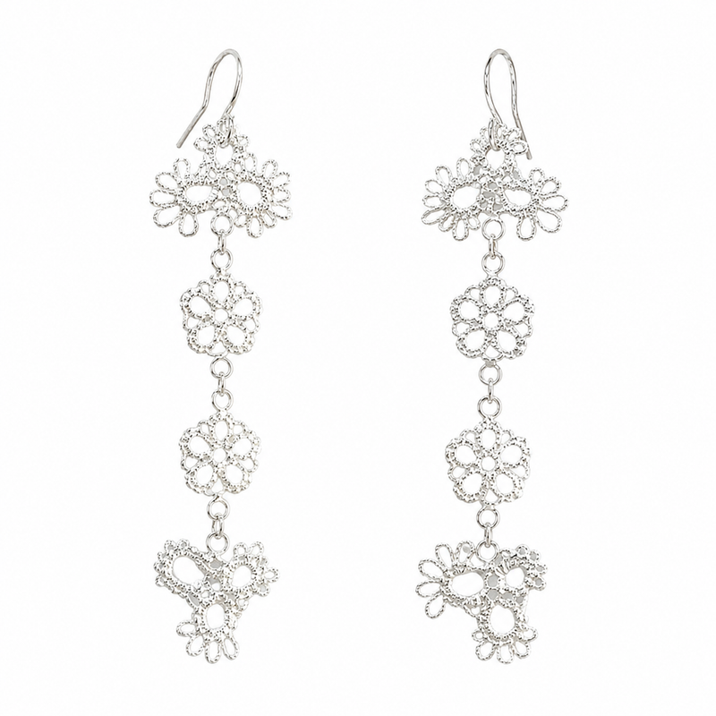 Long Silver Lace Flower Earrings