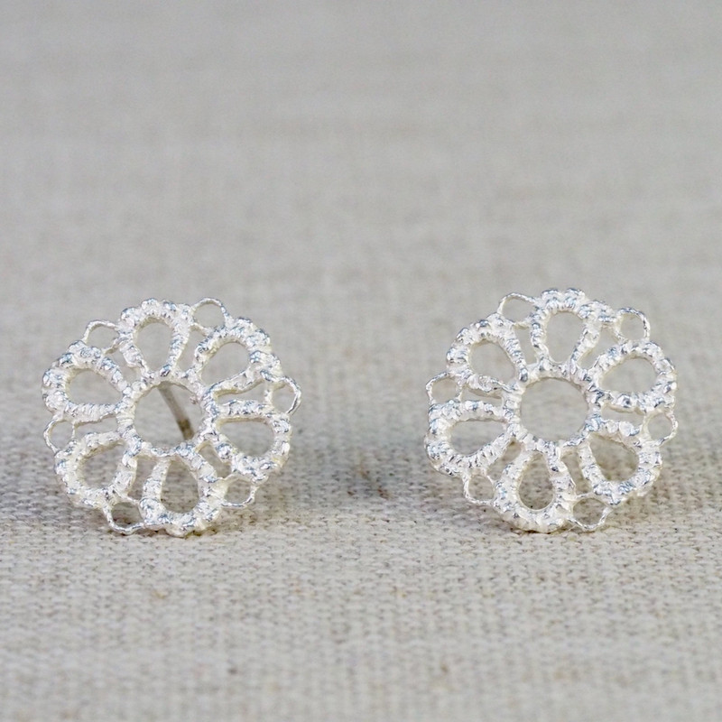 Silver Lace 6-Petal Stud Earrings
