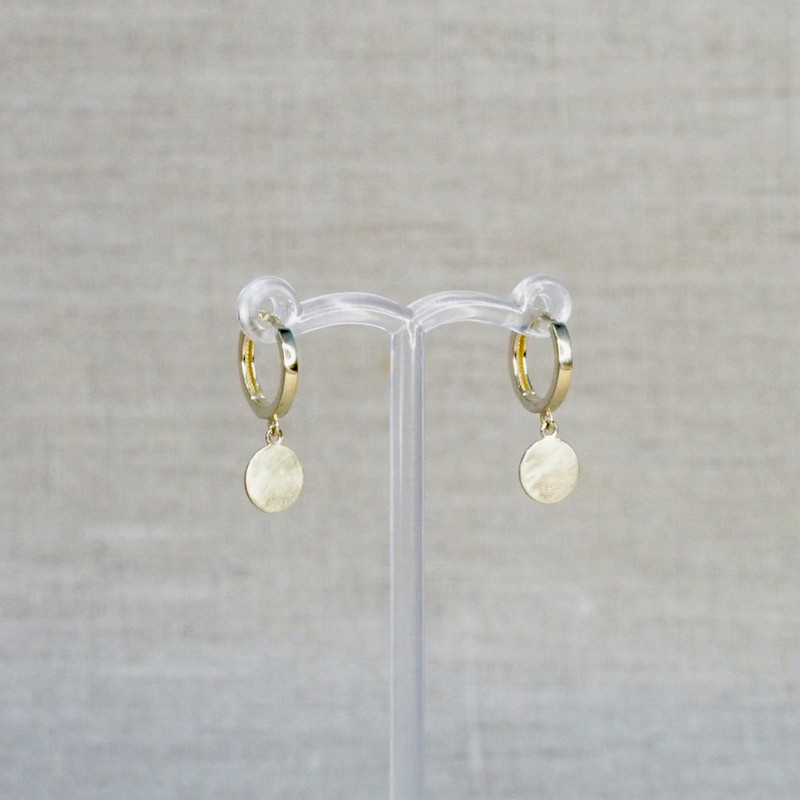 Yellow Gold Disc Drop Huggie Earrings