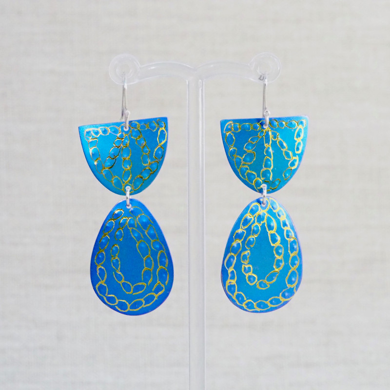 Gold & Blue Engraved Titanium Earrings