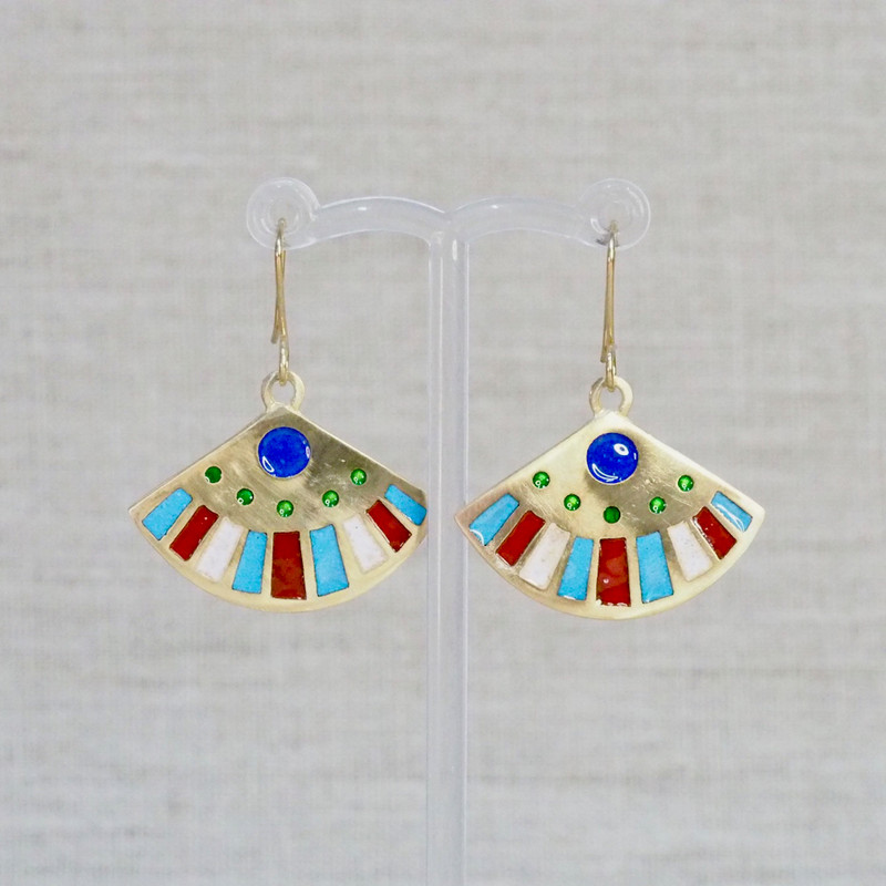 Gold, Blue & Red Fan Earrings