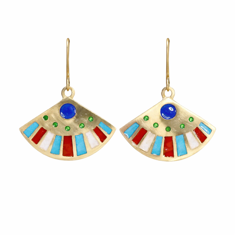 Gold, Blue & Red Fan Earrings