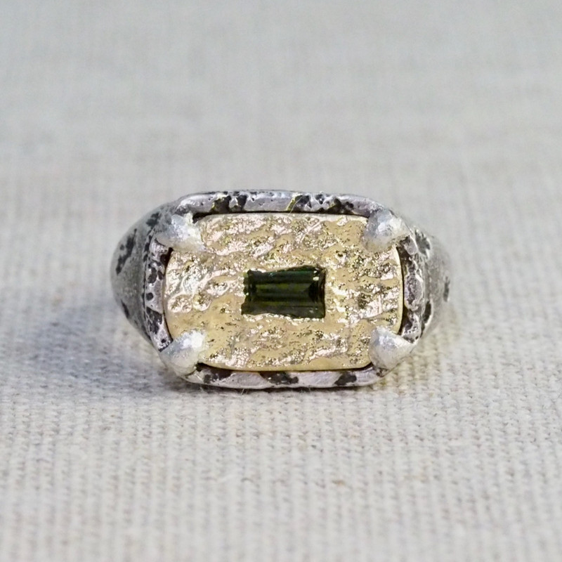 Silver, Gold & Emerald Terra Rectangle Ring