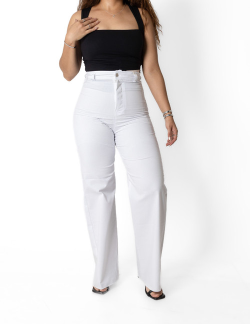 pantalon wide leg blanco mujer, pantalon tiro alto blanco dama, pantalon pierna ancha blanco, pantalon blanco de vestir dama, pantalon casual algodon poliester elastano, pantalon blanco sherman morgan, pantalon wide leg elastico mujer, pantalon comodo tiro alto dama, pantalon formal blanco mujer, ropa casual de vestir dama