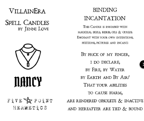 Nancy - Binding

This candle is designed to assist in the prevention of someone or something causing you harm. A Binding Spell is like tying someone's hands behind their back so they can do no harm to themselves or others. Main Scent: Leather