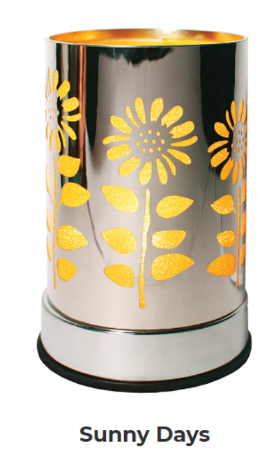 Product Description
Sunny Days Warmer casts a shimmery honey-yellow glow through a chic, chrome sunflower design. Great for Spring and Summer!

Features:

- Replacement halogen bulb!
- Made of durable metal.
- Glass cup to safely hold your fragrance.
- Size: 4 in diameter x 6.5 in height

Scentchips® Touch Warmers feature a quick-warming bulb while adjustable settings allow you to control the amount of fragrance for your space! Eliminates flame, providing a safe heat source to melt your Scentchips® while creating a soft glow and tranquil ambiance.

Just plug in, select your desired brightness by touching the base, and enjoy your fabulous Scentchips® fragrance within minutes!